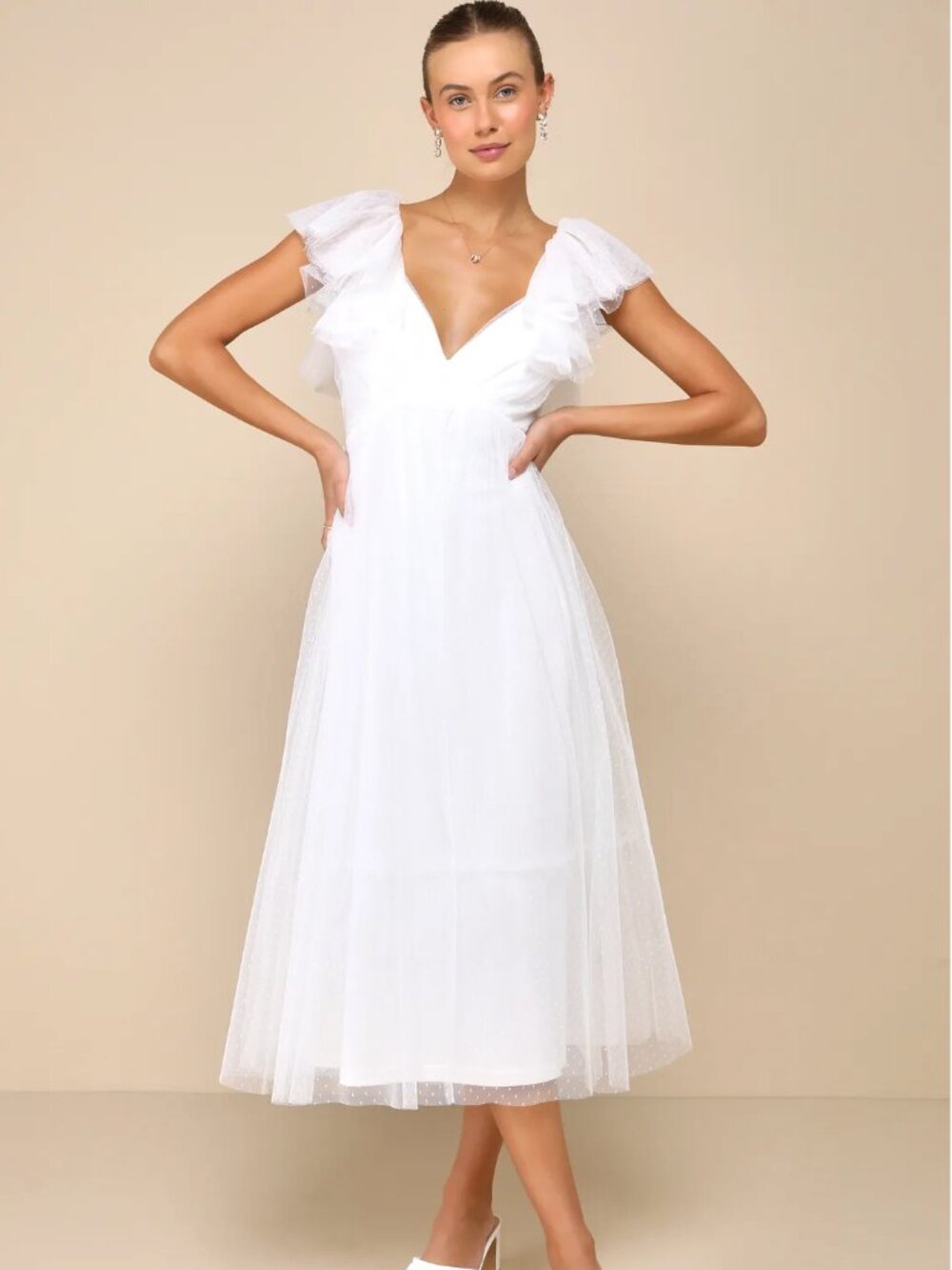 Lulu's White Swiss Dot Tie-Back Midi Dress